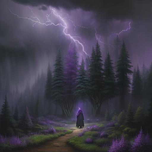 Ethereal Wizard in Forest Lightning Storm