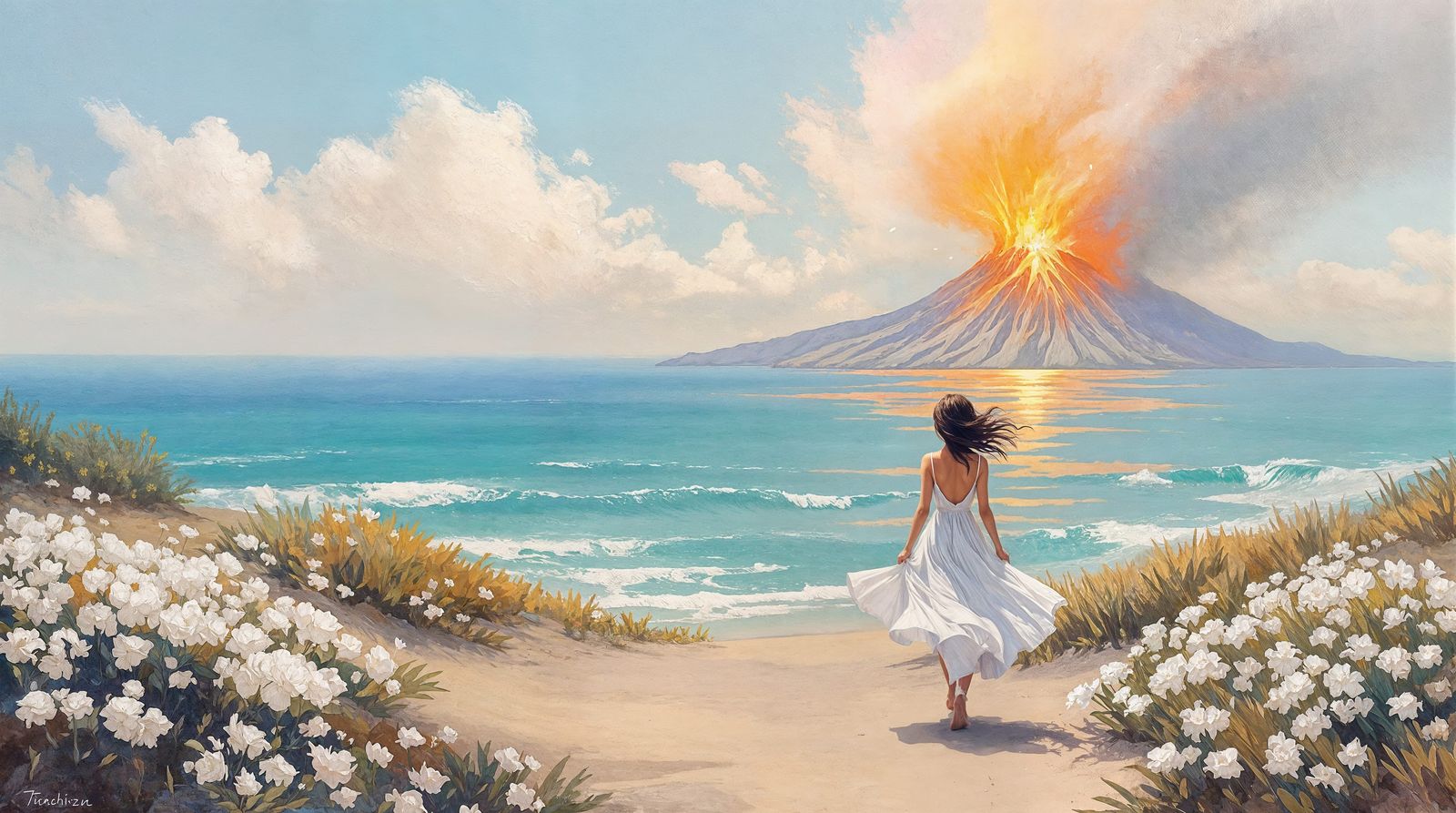 Ethereal Woman Walks into Fiery Sunset