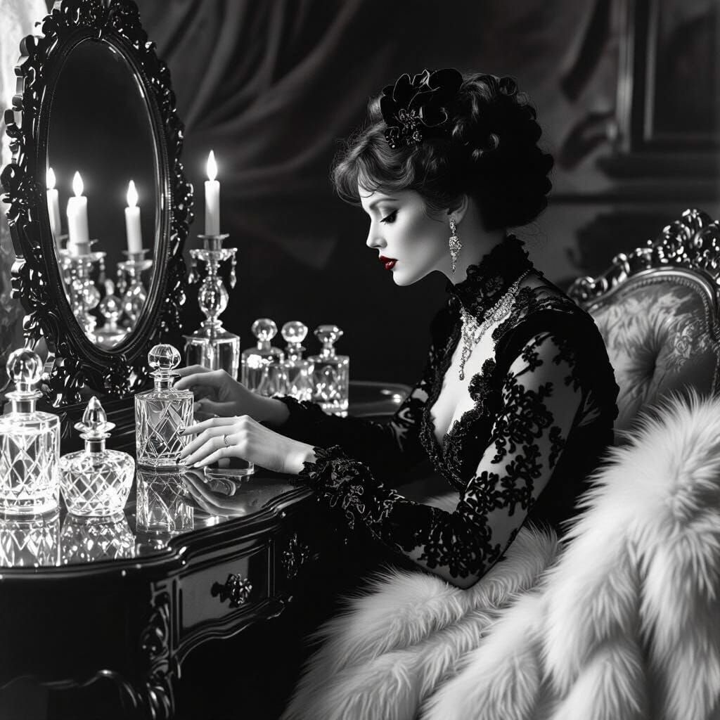 Victorian Boudoir: Woman at Vanity in Black and White