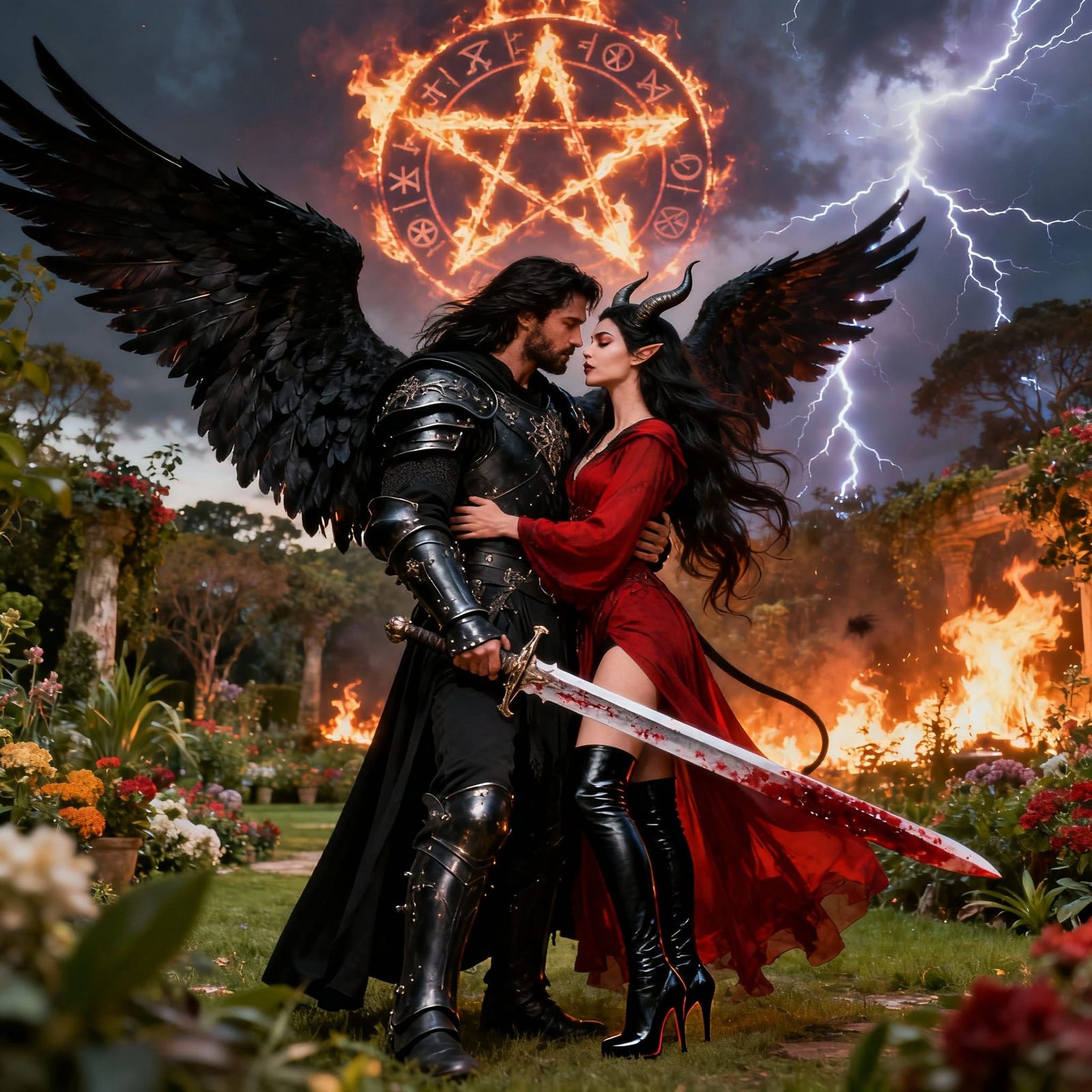 Warrior Embraces Goddess Amidst Burning Eden