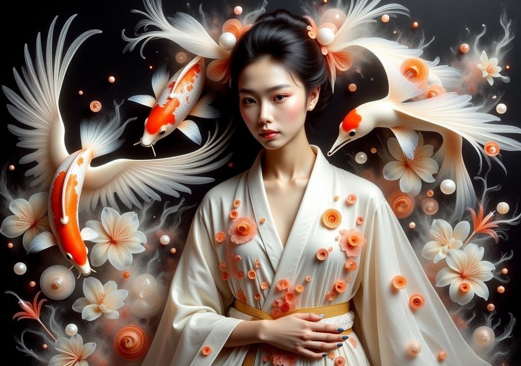 Geisha Portrait with Japanese Symbols in Oil Painting Style