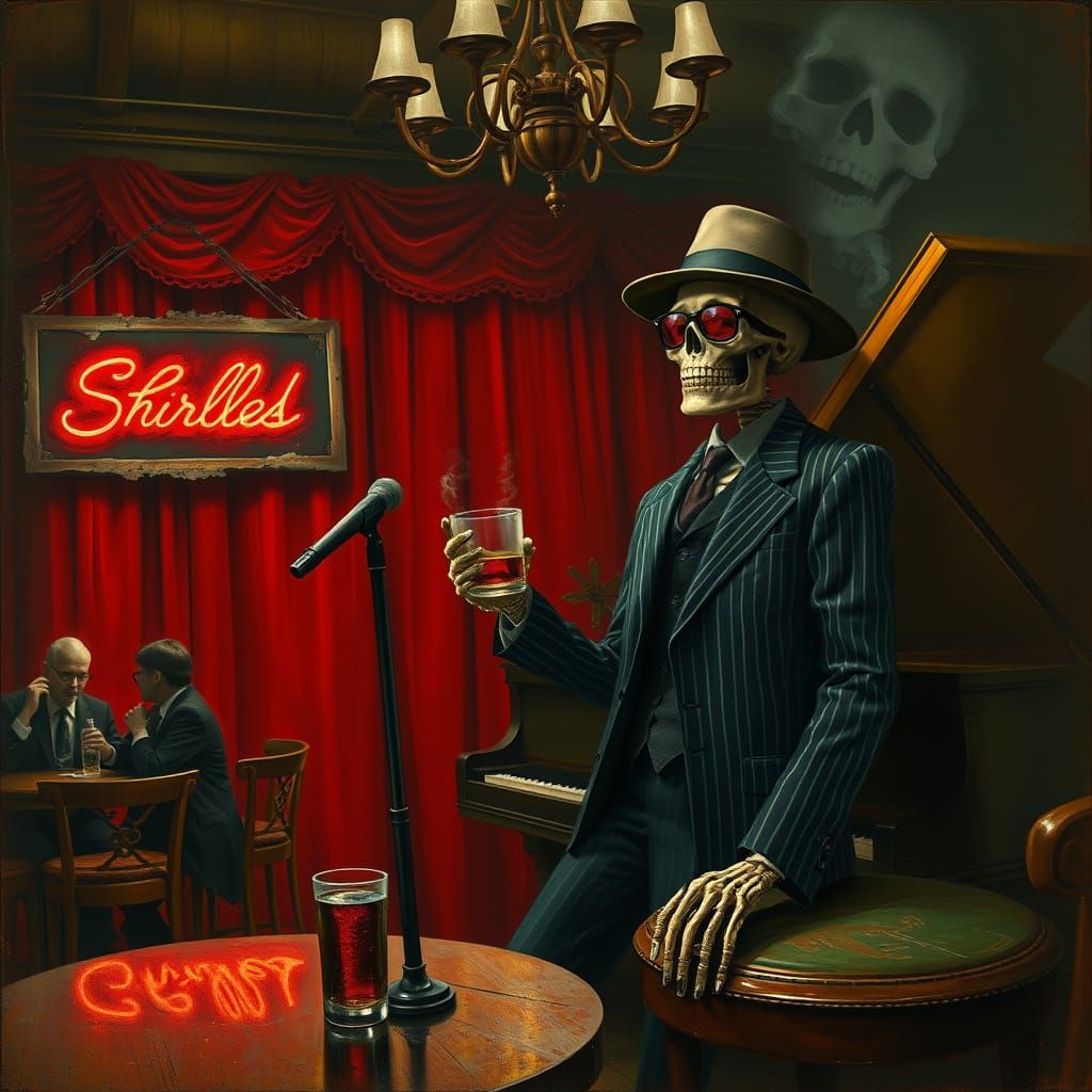 Dark Fantasy Oil Painting: Skeleton in Pinstripe Suit Under ...