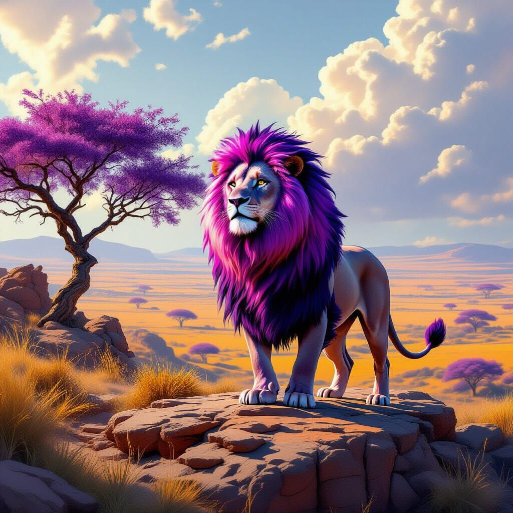 Purple Lion Overlooking Savannah in Hyperrealism