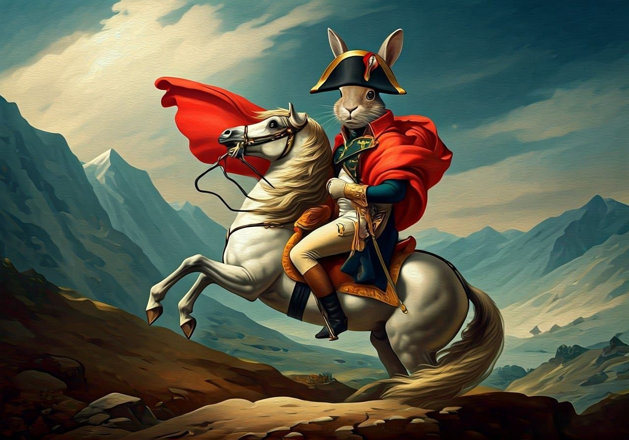 Majestic Rabbit Hero on Reering Horse in Alpine Landscape