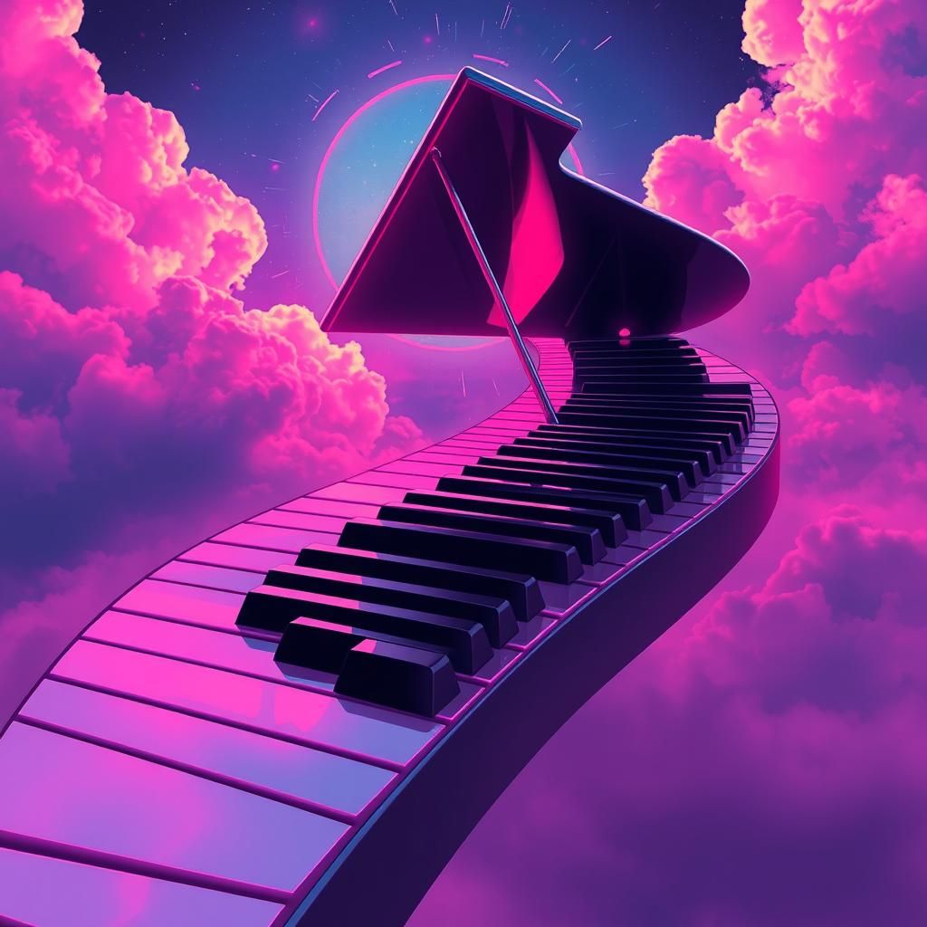 Surreal Piano Key Road in Cyberpunk Style