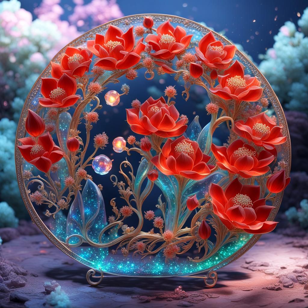 Bioluminescent Crystal Calligraphy in Vermilion Glass Style