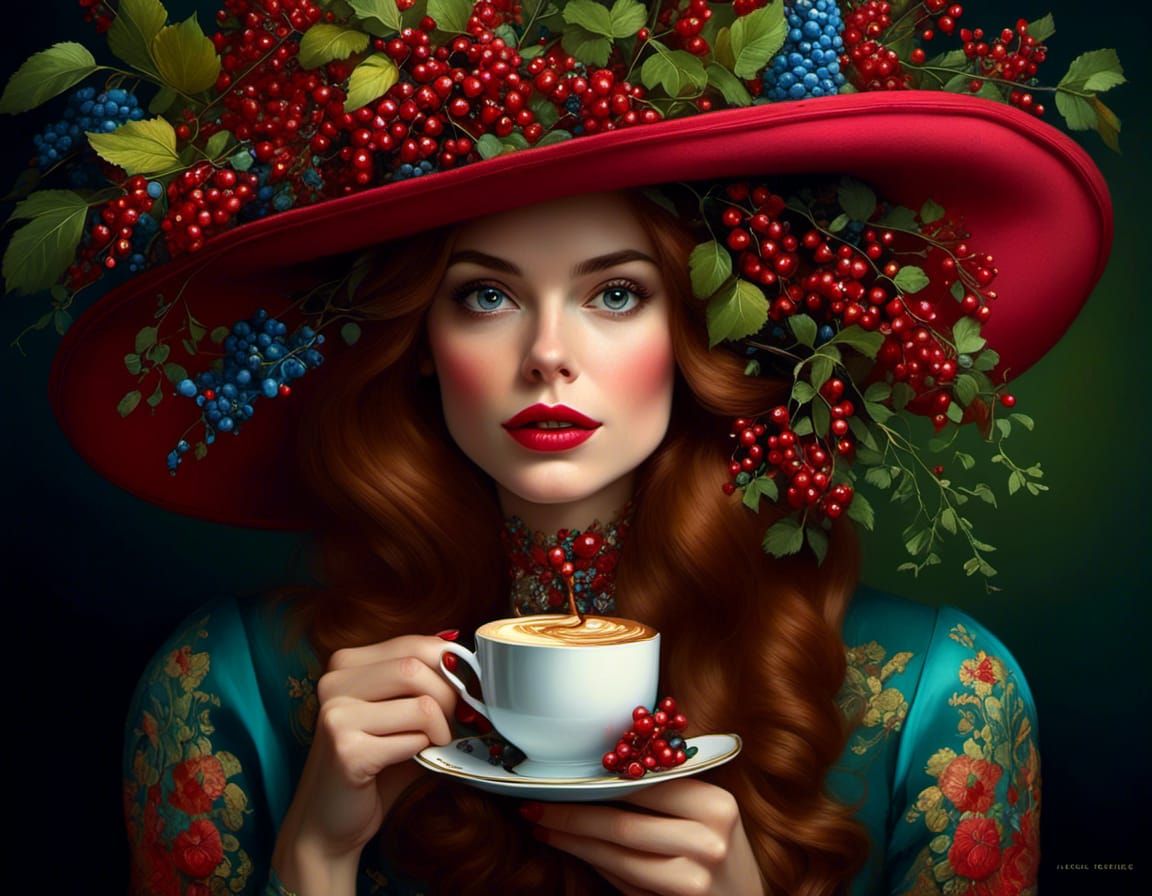 Whimsical Caricature of Woman with Irish Coffee