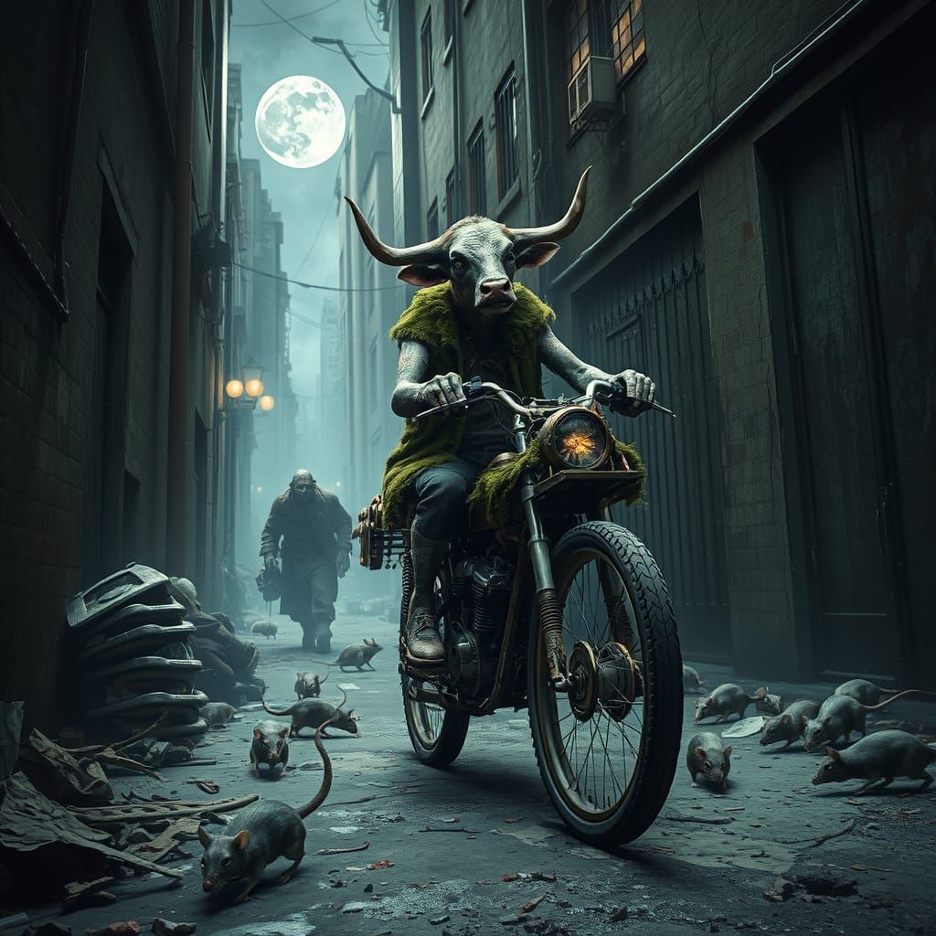 Green Zombie Cow Rides Apocalypse Bike Down Dark Alleyway