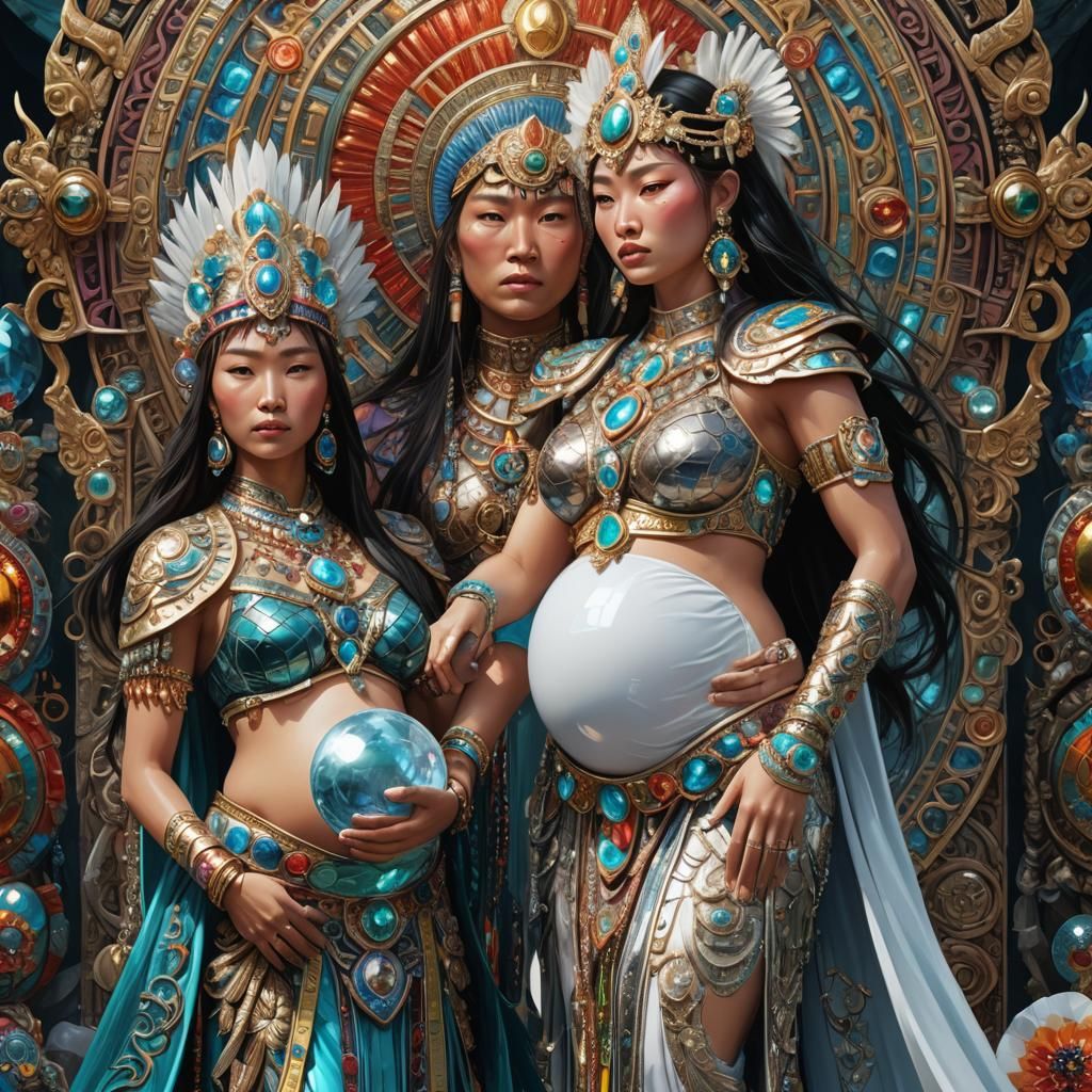 Pregnant Priestesses with Crystal Jewelry in Klimt Style