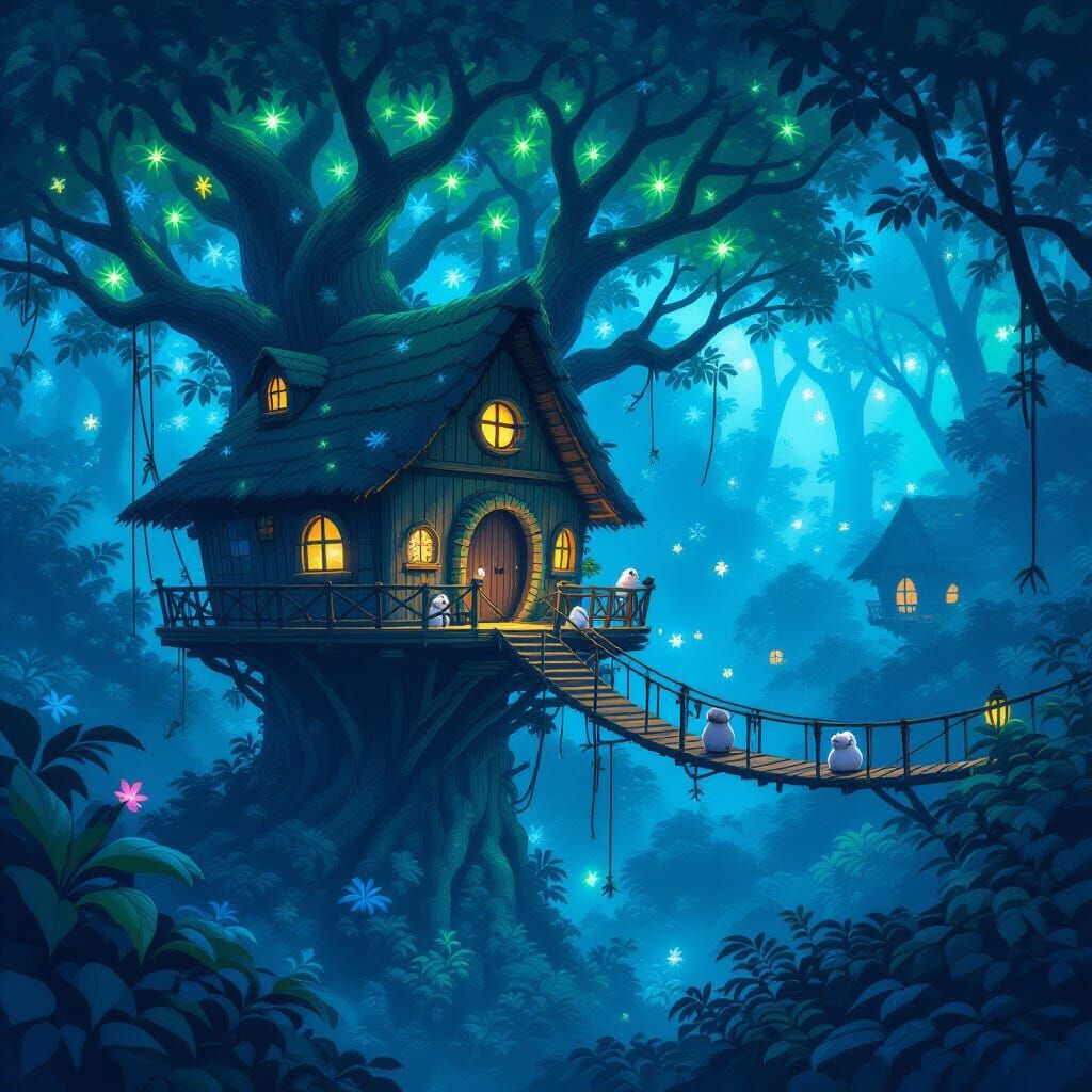 Whimsical Treehouse Village in Bioluminescent Alien Jungle