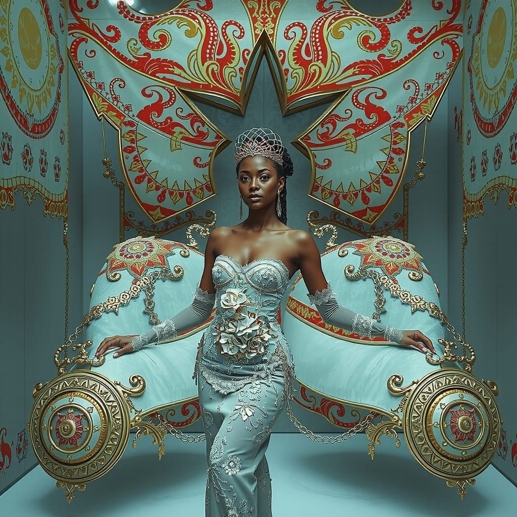 Dreamlike Woman Posing in Surreal Psychedelic 3D Scene