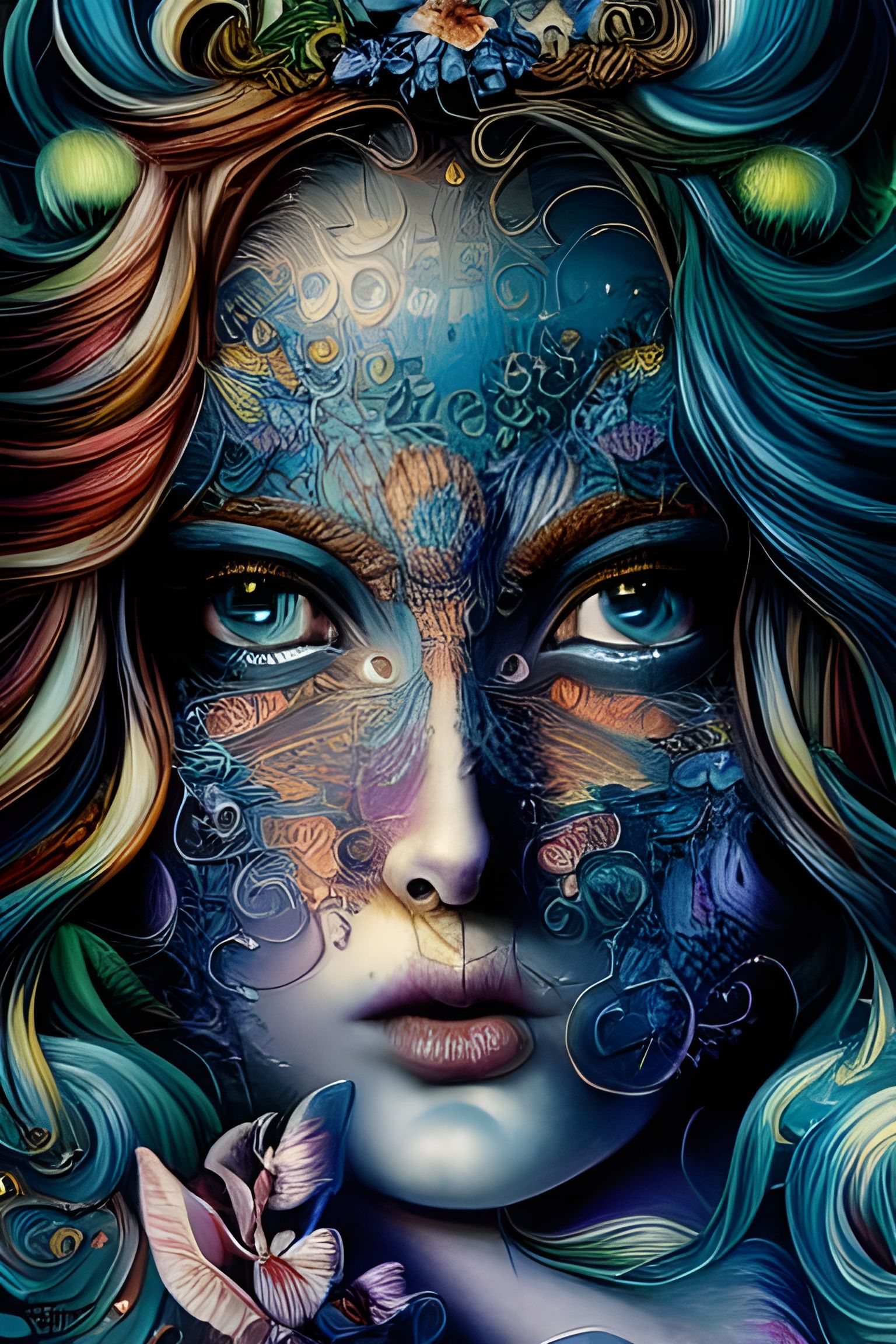 Enigmatic Princess with Elaborate Hair in Watercolour Style