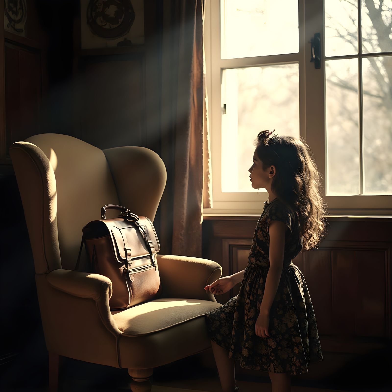 Boho Girl Views Vintage Handbag in Elegant Study