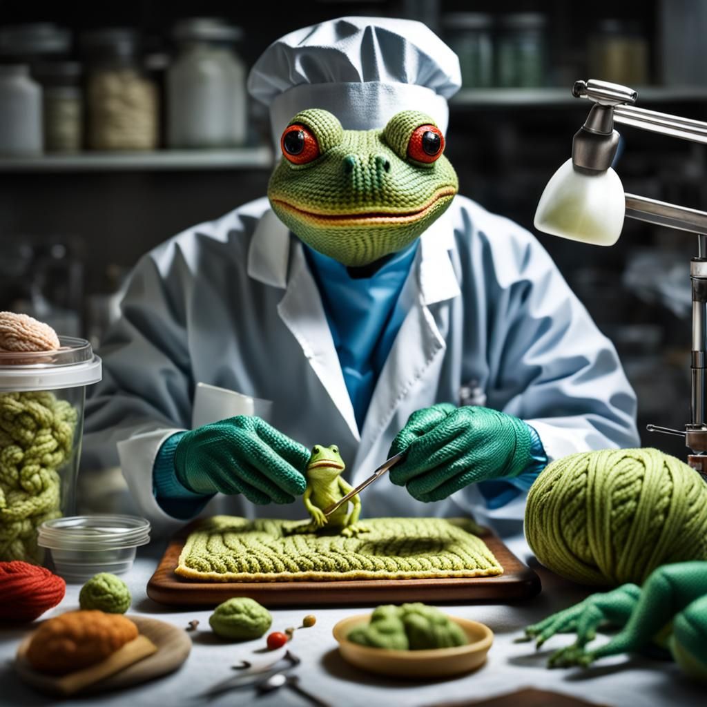 Dough Lizard Surgeon and Knitted Frog: Hyperrealistic