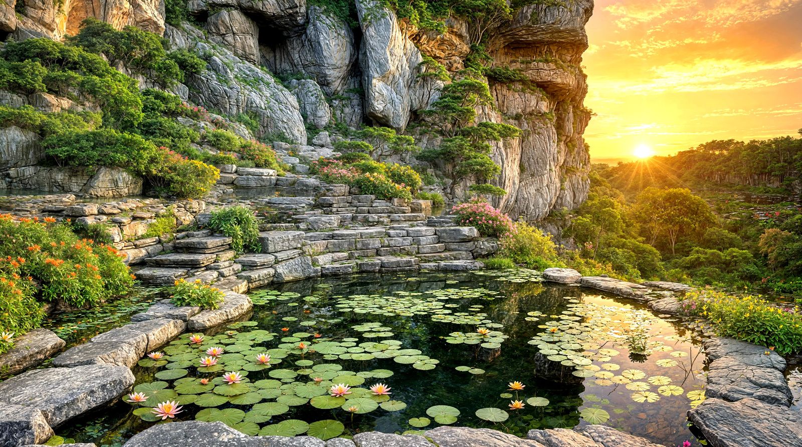 Serene Sunset Garden Oasis on Cliffside