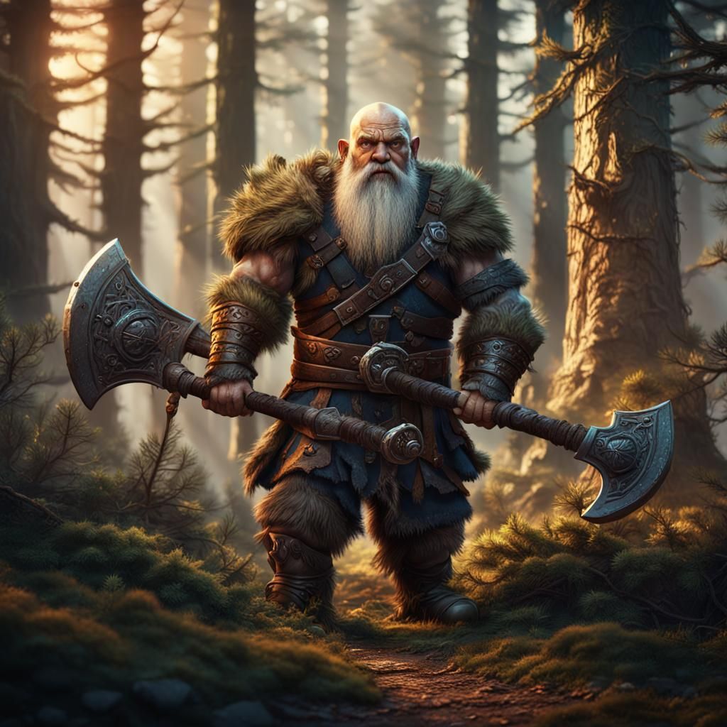 Dwarf Barbarian in Pine Forest: Fantasy Art