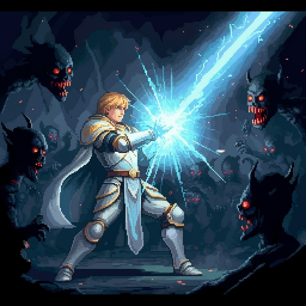 Paladin Casting Spell in 16-bit Pixel Art Style