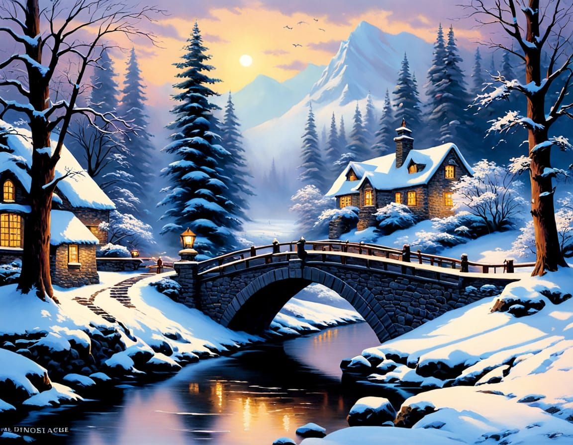 Cozy Winter Bridge Scene in Whimsical Style