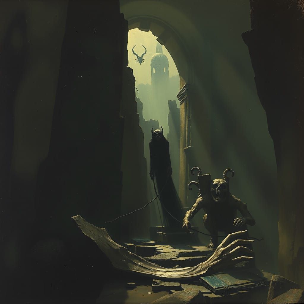 Ominous Landscape with Mystical Creatures in Chiaroscuro