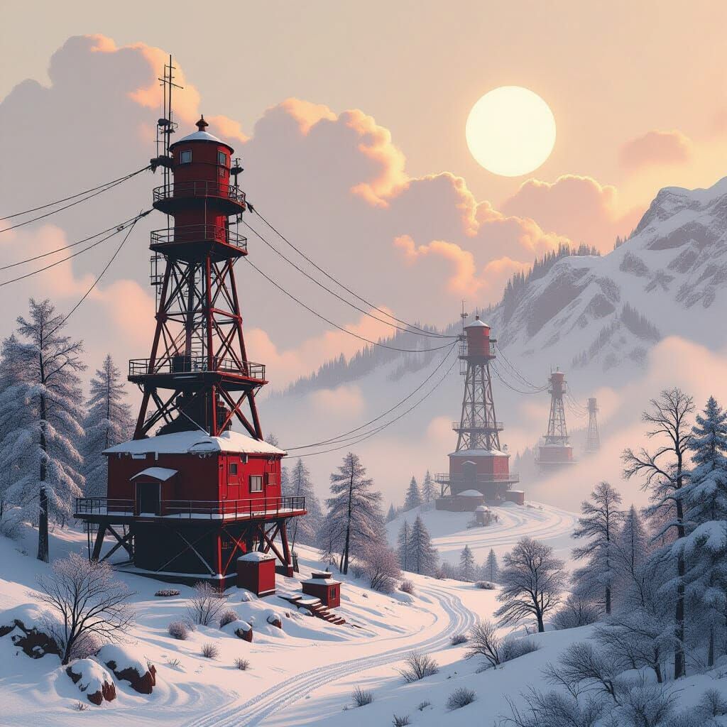 Winter Landscape with Steel Structures in Digital Art Style
