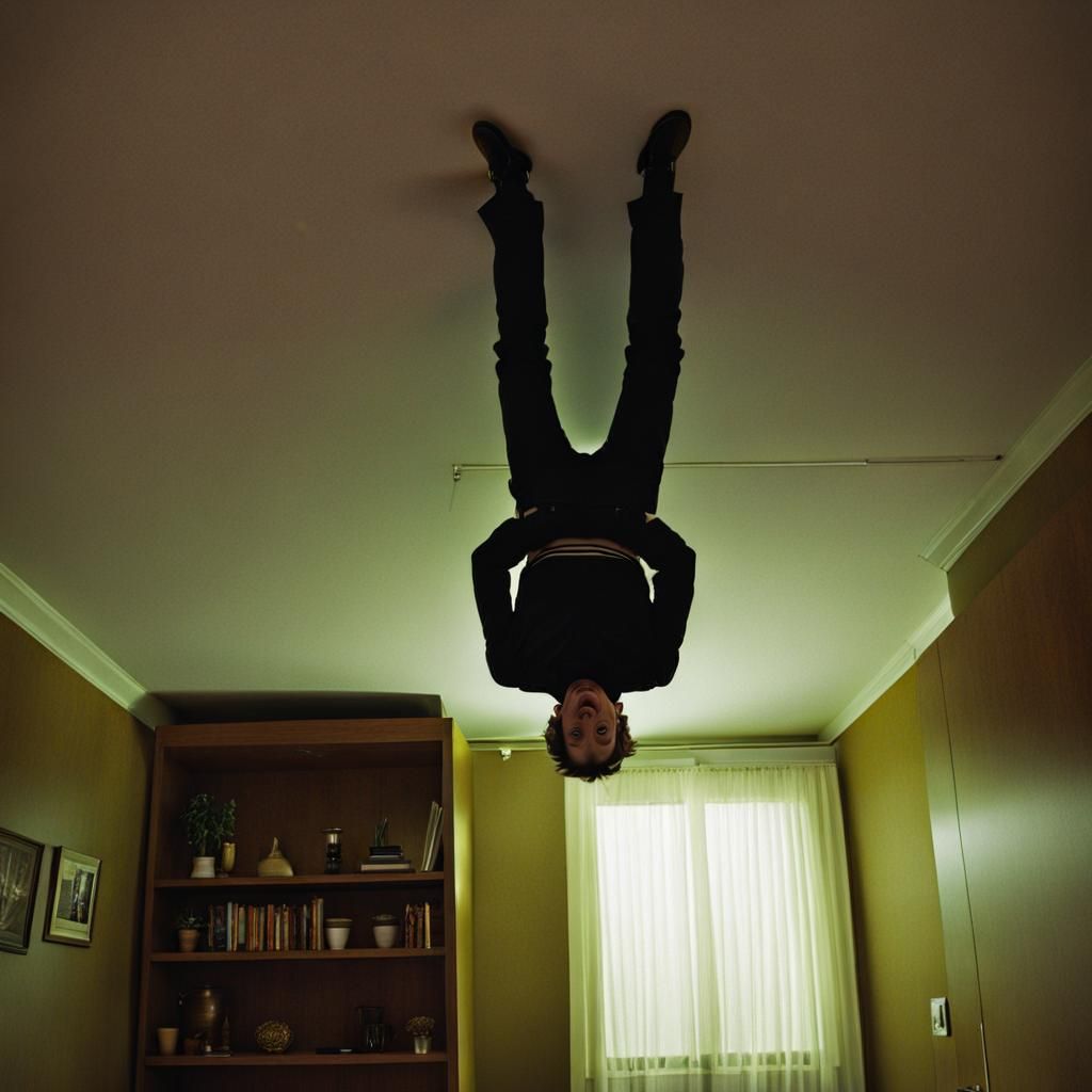 a person standing upside down on the ceiling