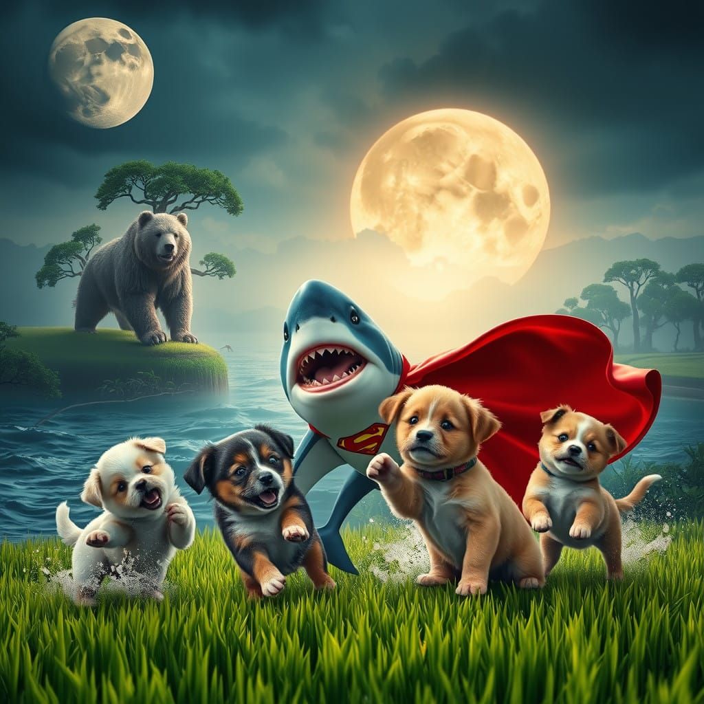 Fantastical Puppies Battle Shark in Superhero Cape with Bear...