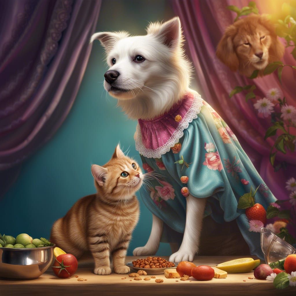 Dog in Dress and Cat Eating: Hyperrealistic Digital Art