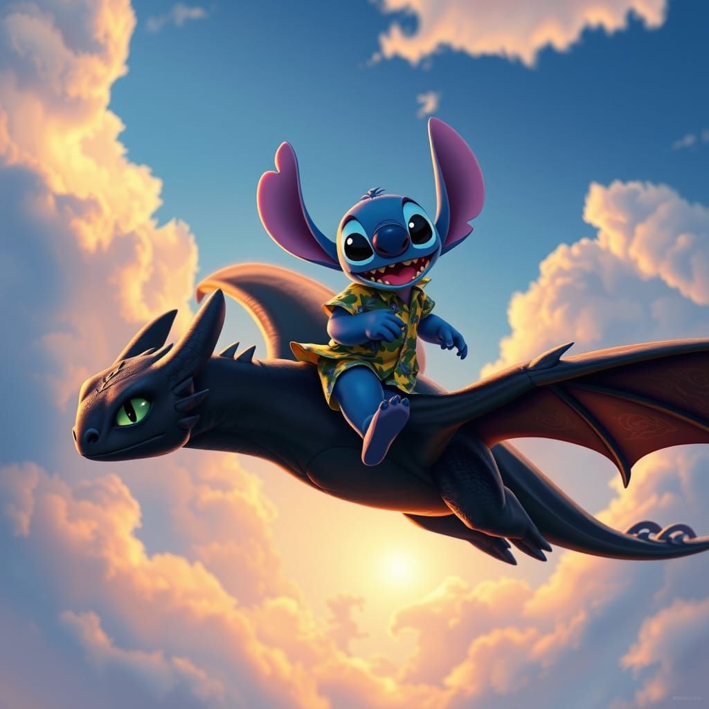 Stitch and Toothless Flying in Sunset Sky