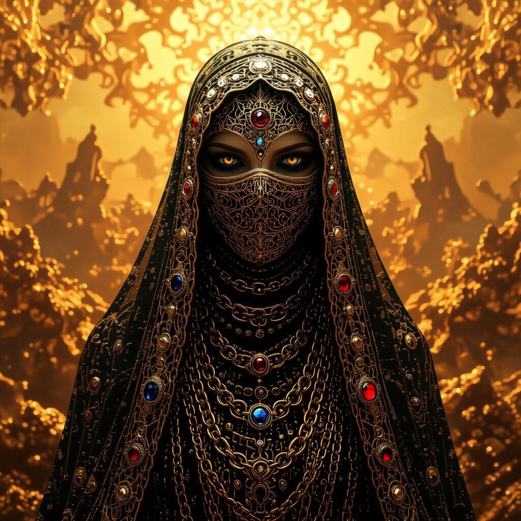 Golden Fractal Squid Figure with Jeweled Veil