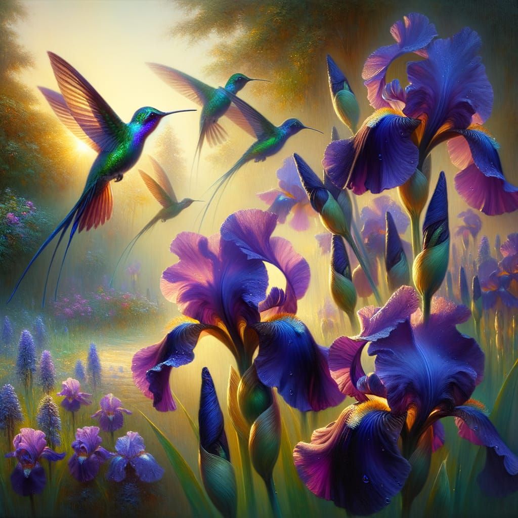 Purple Irises and Hummingbirds in Renaissance Style