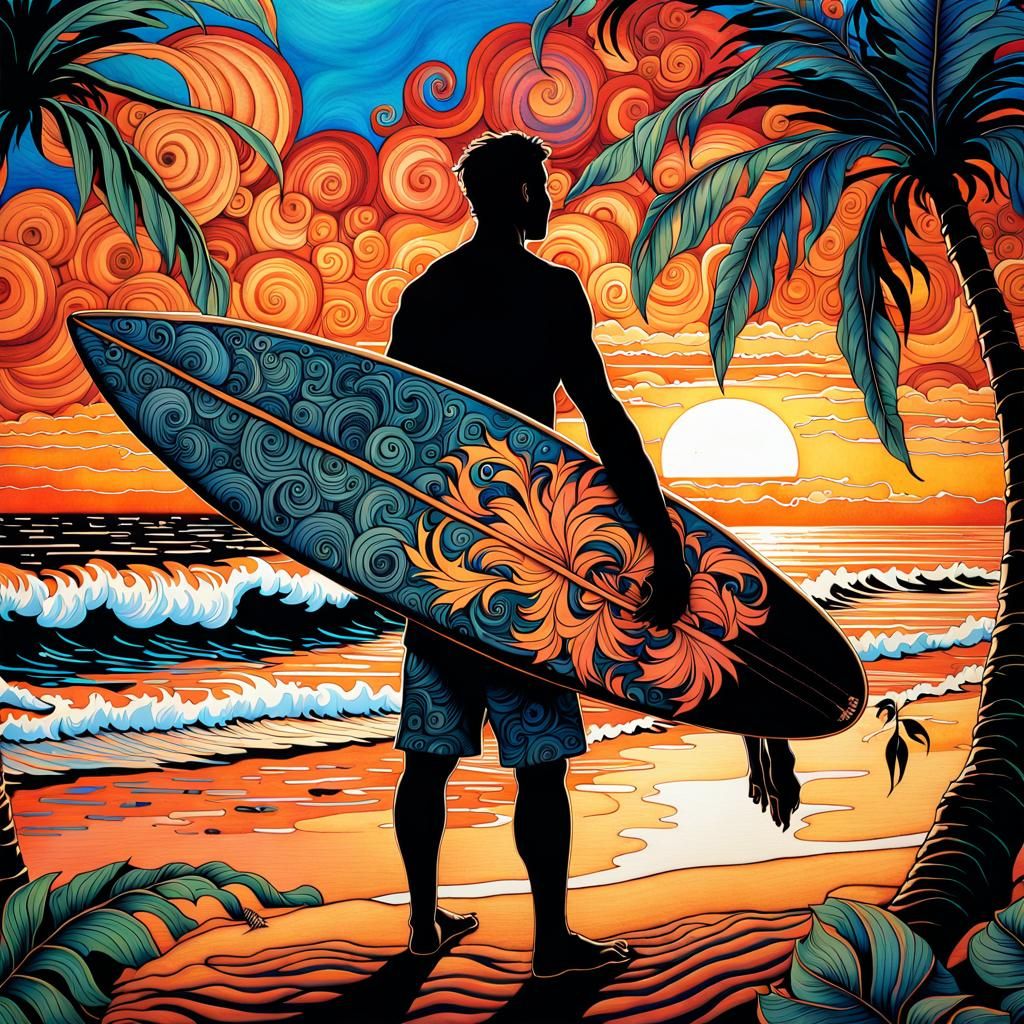 Batik Art of Surfer at Tropical Sunset