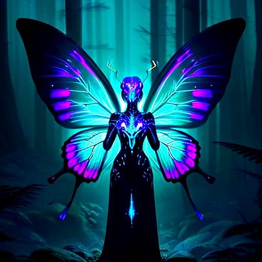 Cybernetic Butterfly in Surreal Dark Forest Glow