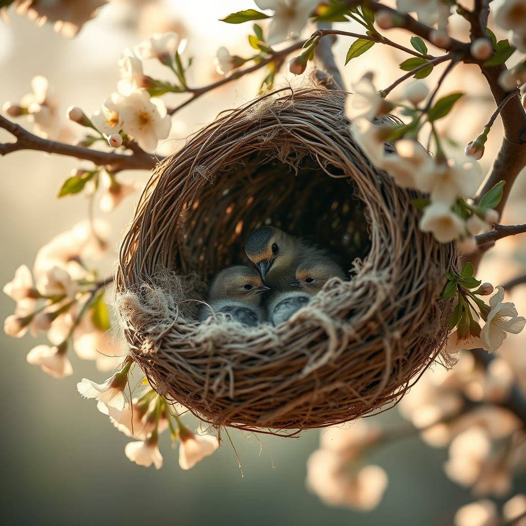 Songbird Family in a Blossoming Tree, Whimsical Art