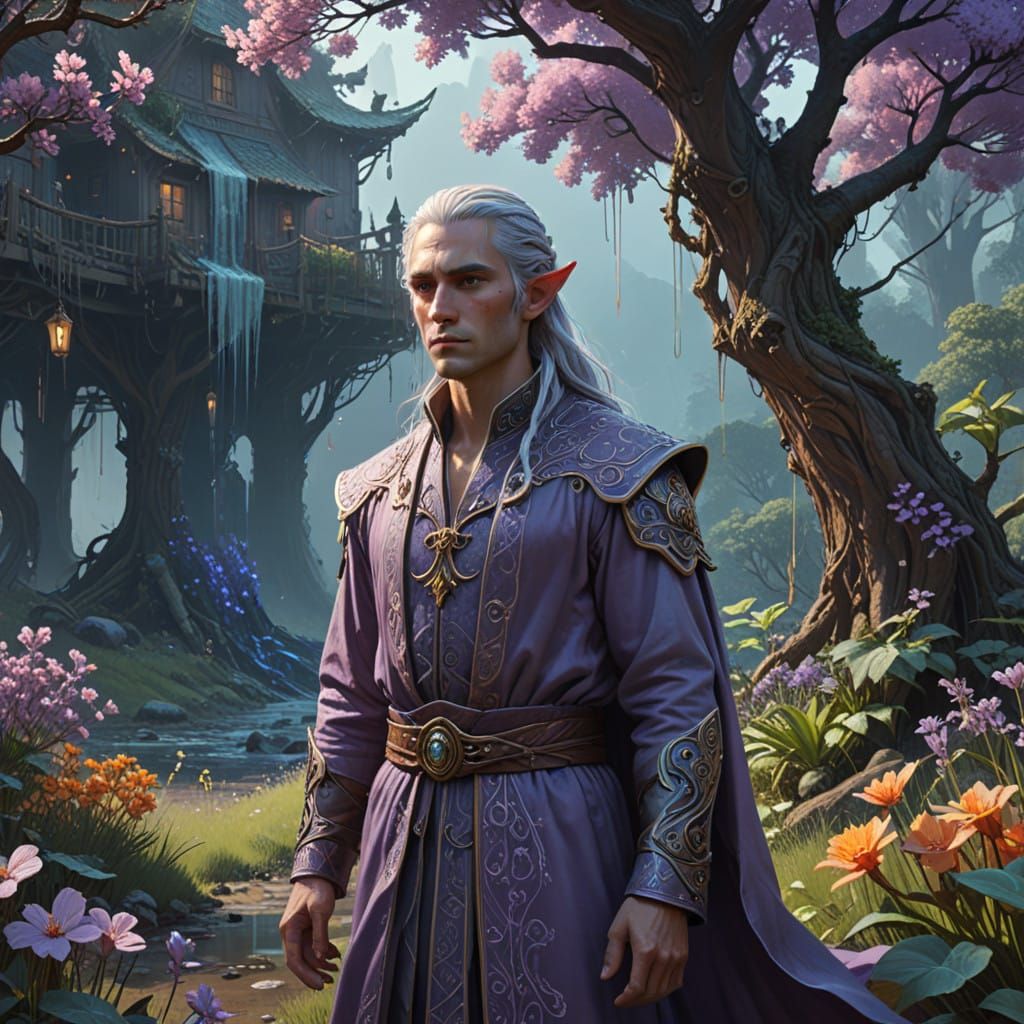 Ethereal Elf Lord in Lavender Robes with Crystal Staff