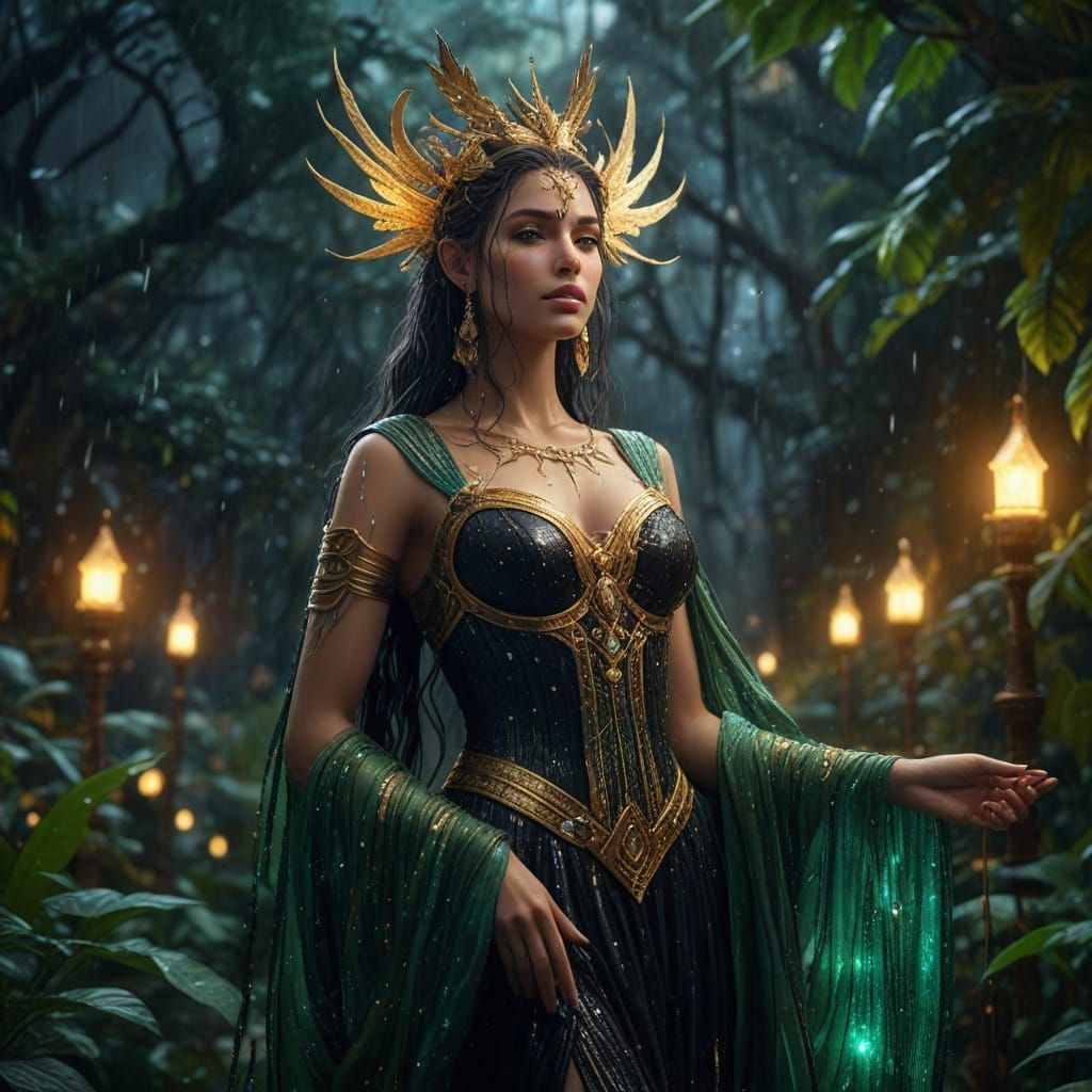 Goddess Nemesis in Rainforest: Hyper-Realistic Oil Painting