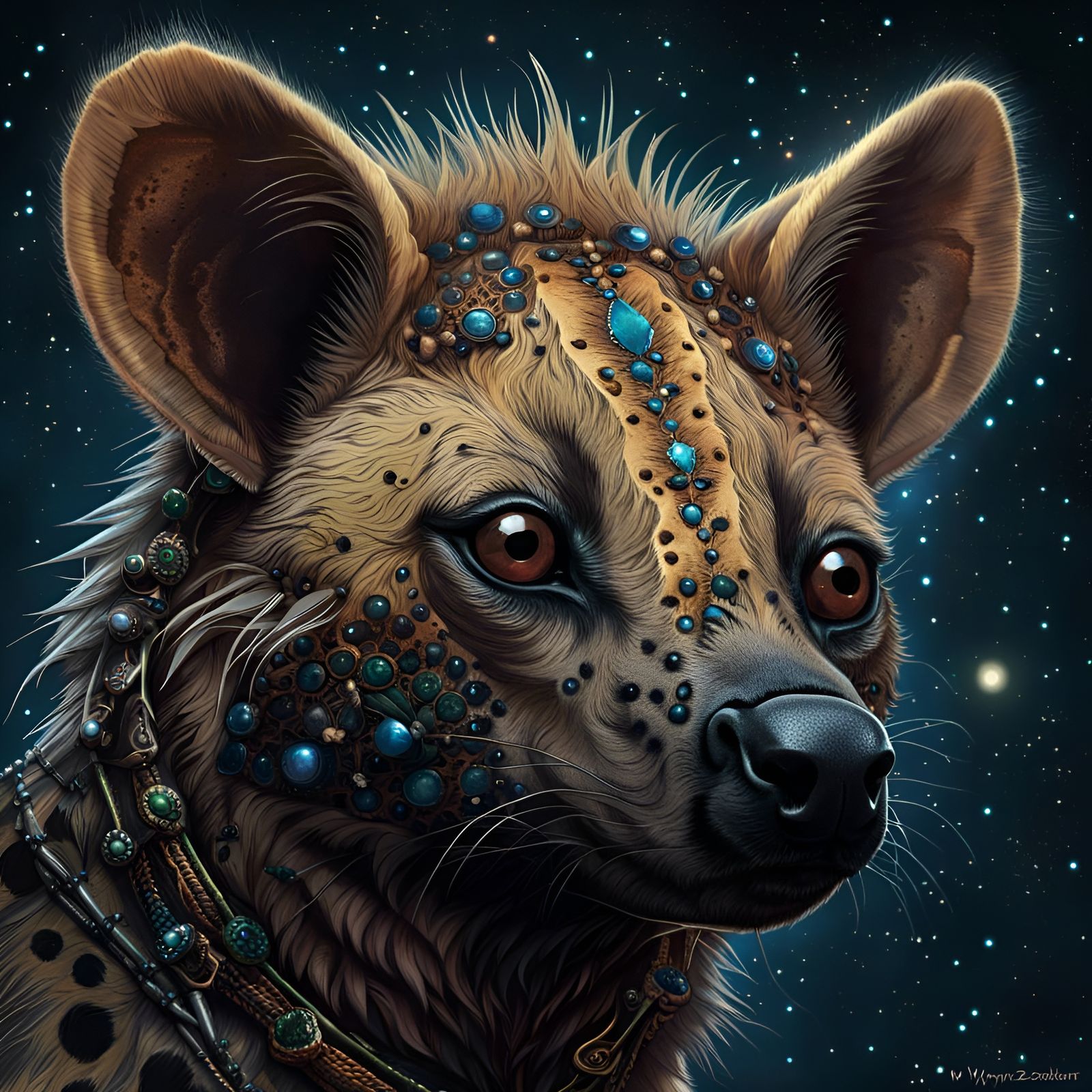 Cute Baby Hyena Portrait with Iridescent Filigree