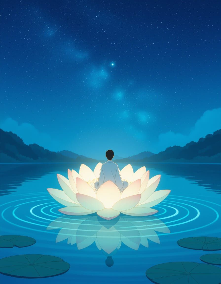 Serene Figure on Bioluminescent Lotus in Starry Night