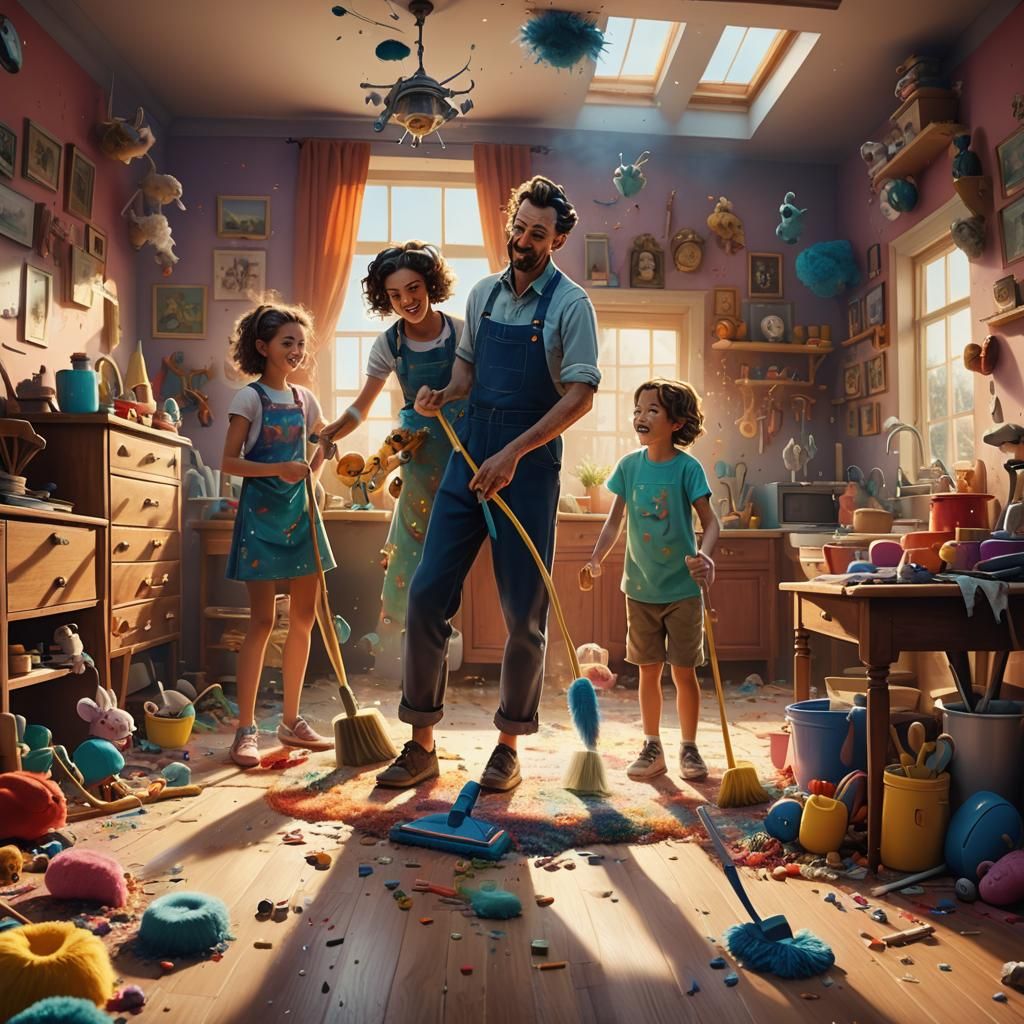 Family Cleaning Fun in a Surreal Oil Painting