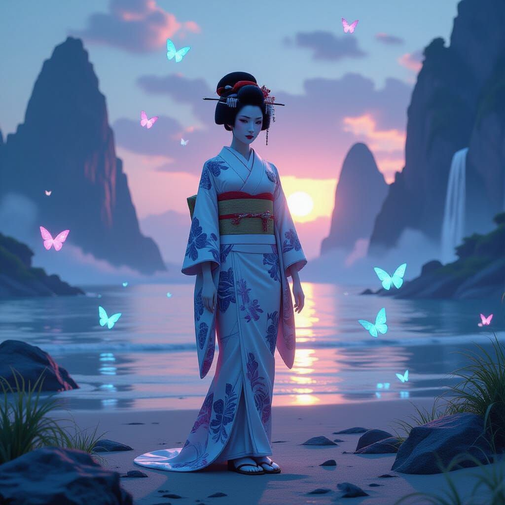 Android Geisha on Alien Zen Beach in Futuristic Style