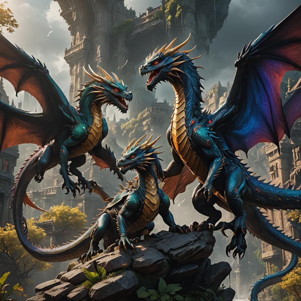 Two Rainwing Dragons in Detailed Matte Painting