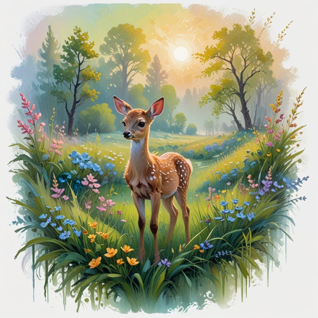 Serene Fawn in Dew-Kissed Spring Meadow, Neo-Impressionist O...