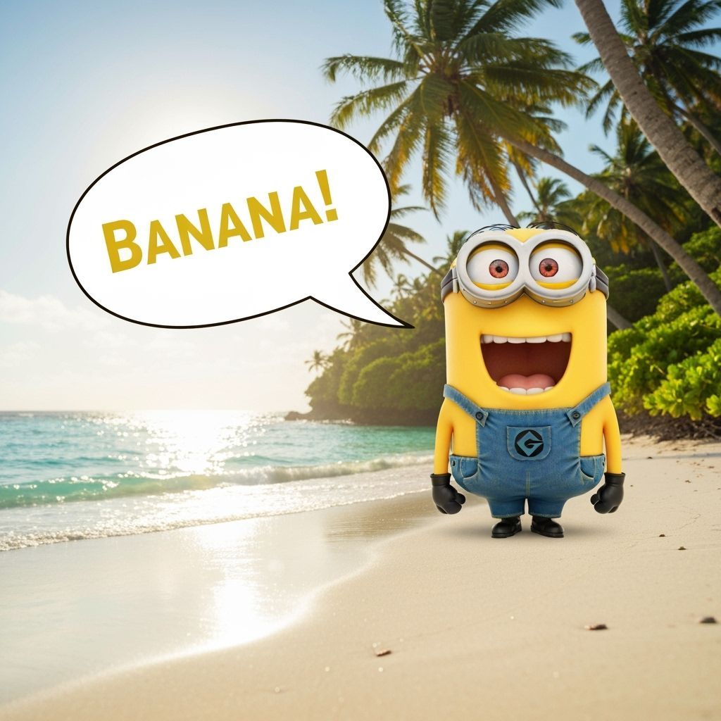 Yellow Minion, laughing, speech bubble says "Banana!" on tro...