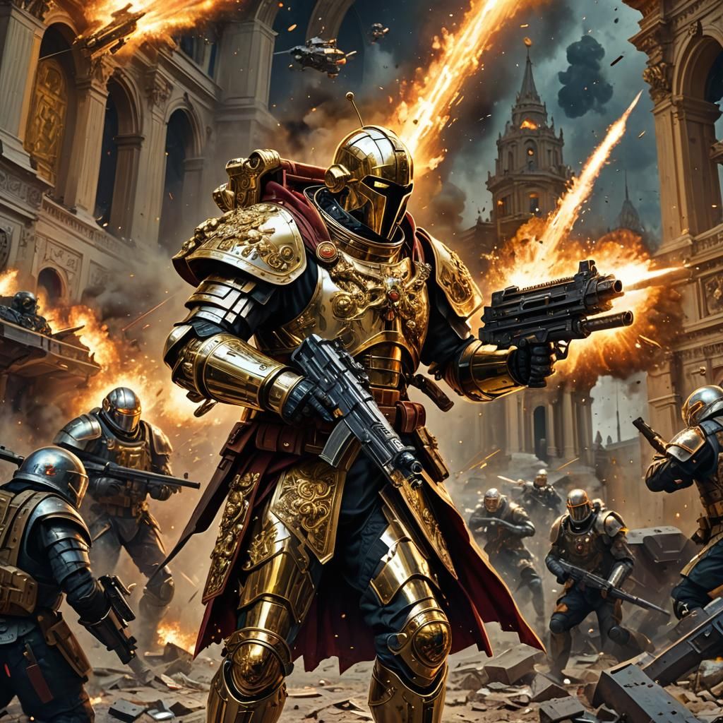 Pope Shooting Machine Gun in Sci-Fi Battlefield