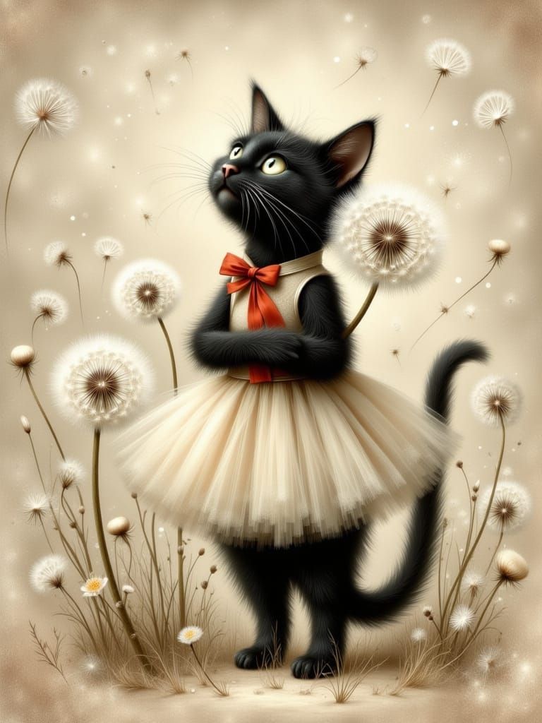Whimsical Black Cat Ballerina with Dandelion