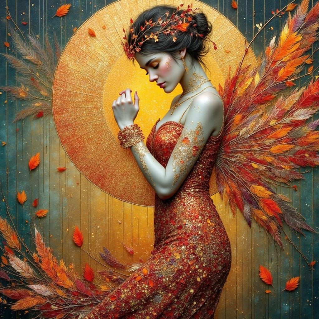 Mystical Ember Goddess in Gold Leaf and Watercolor