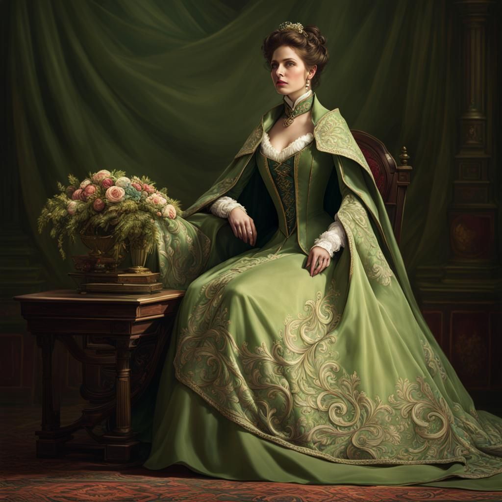 Victorian Woman in Green Cloak: Detailed Portrait