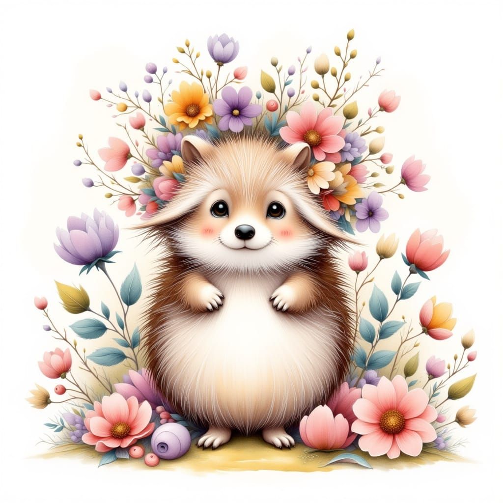 Cute Hedgehog with Flower Crown, Wet Watercolor Style