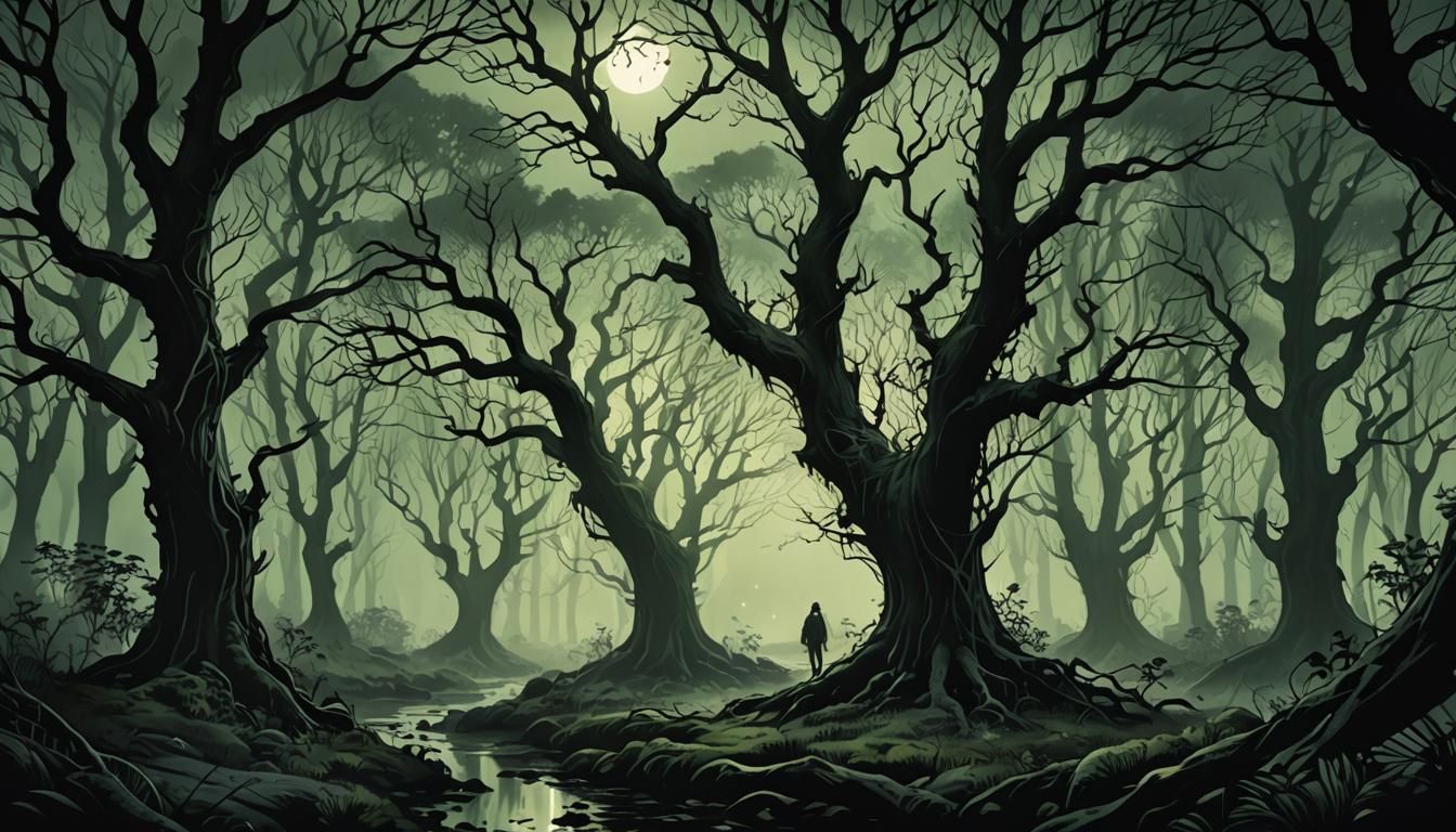 Gnarled Woods at Night in Hyperrealistic Style