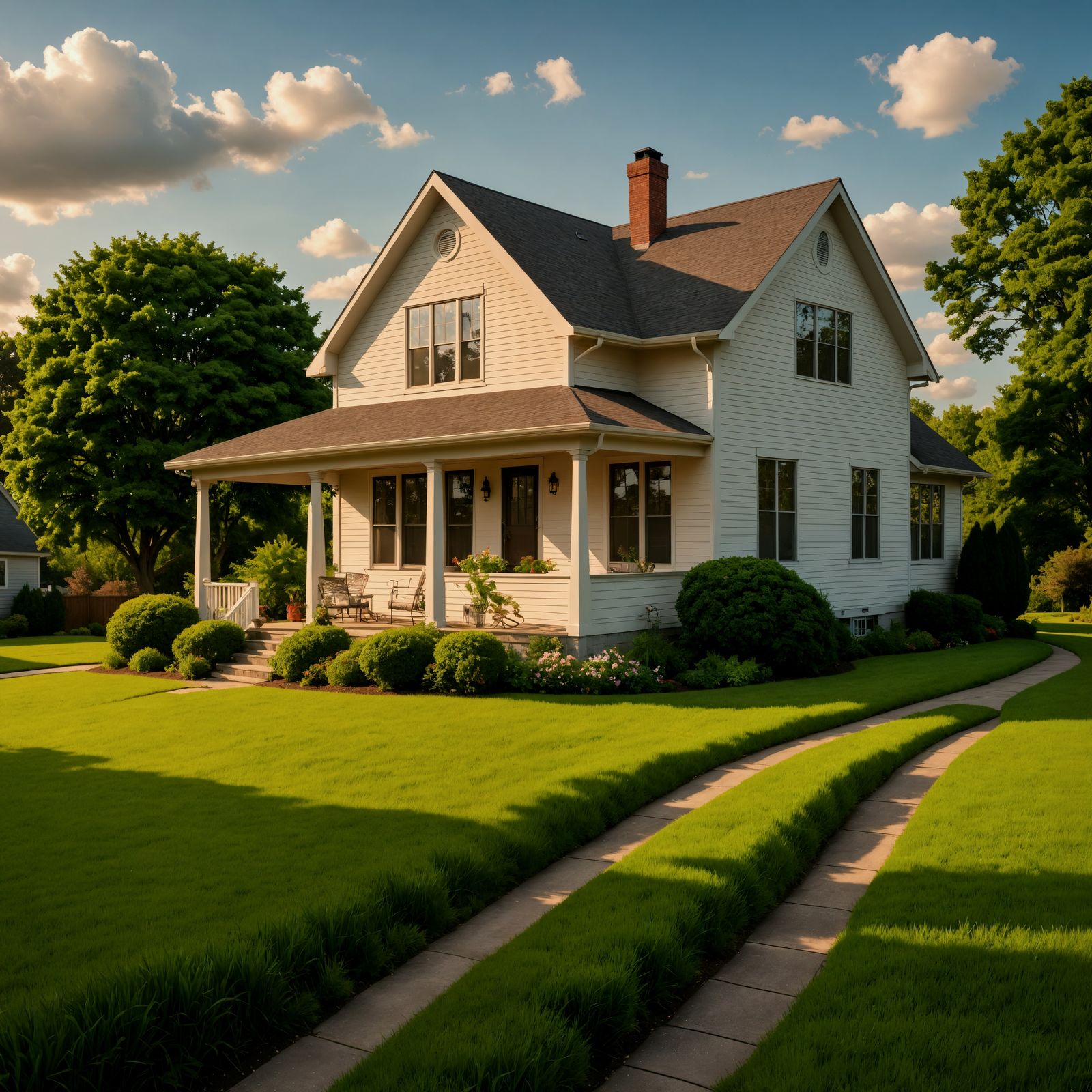 Hyperrealistic Suburban Home with Lush Greenery