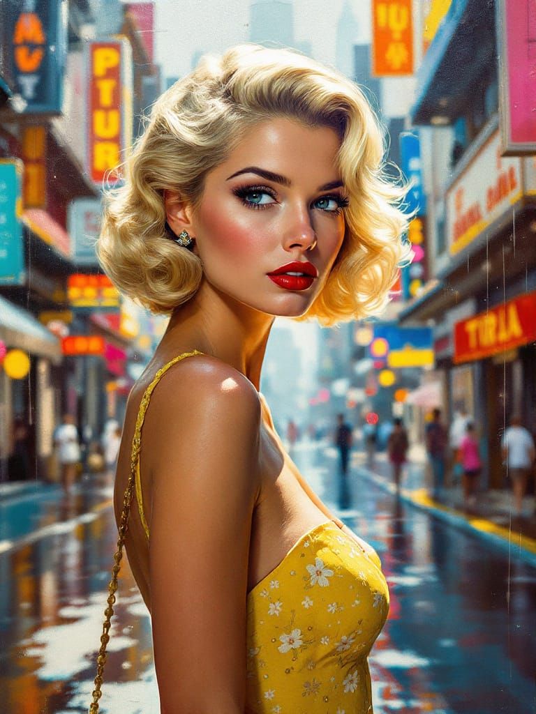 Pin-Up Woman in Rainy Cityscape, Monet & Caillebotte Wax Sty...